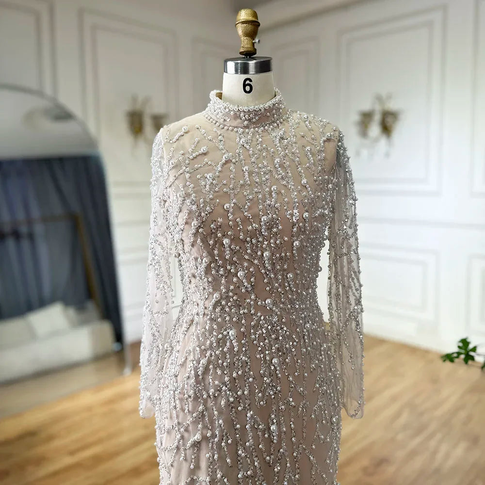 Zapdress 2025 Luxury Saudi Arabic Pearls Beaded Nude Mermaid Evening Dresses For Wedding Occasion DLA72345A Customized (ZD17310) - VelvetHem