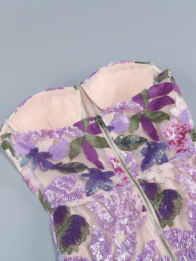 Sequin Floral - Embellished Lavender Strapless Dress