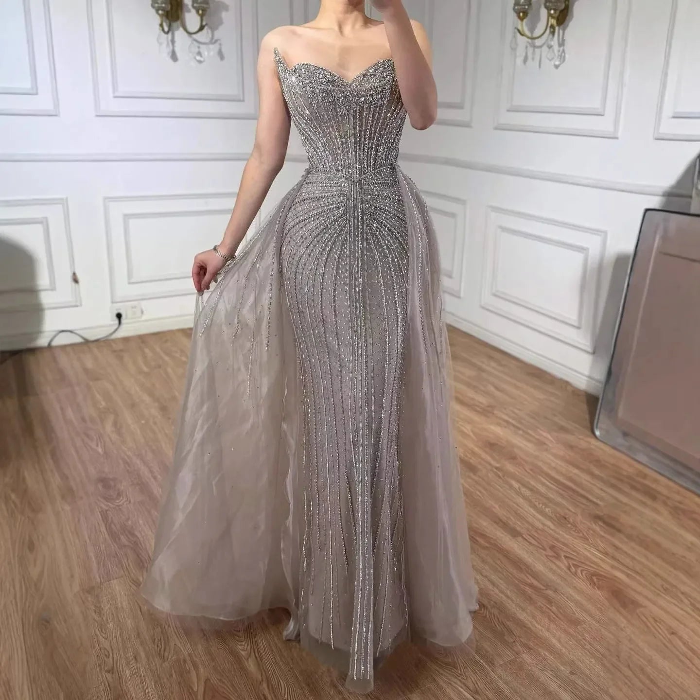 Zapdress Caramel Beaded Tulle Evening Dress Strapless Sweetheart Formal Party Gown with Over-skirt DLA72811D Customized (ZD17282)