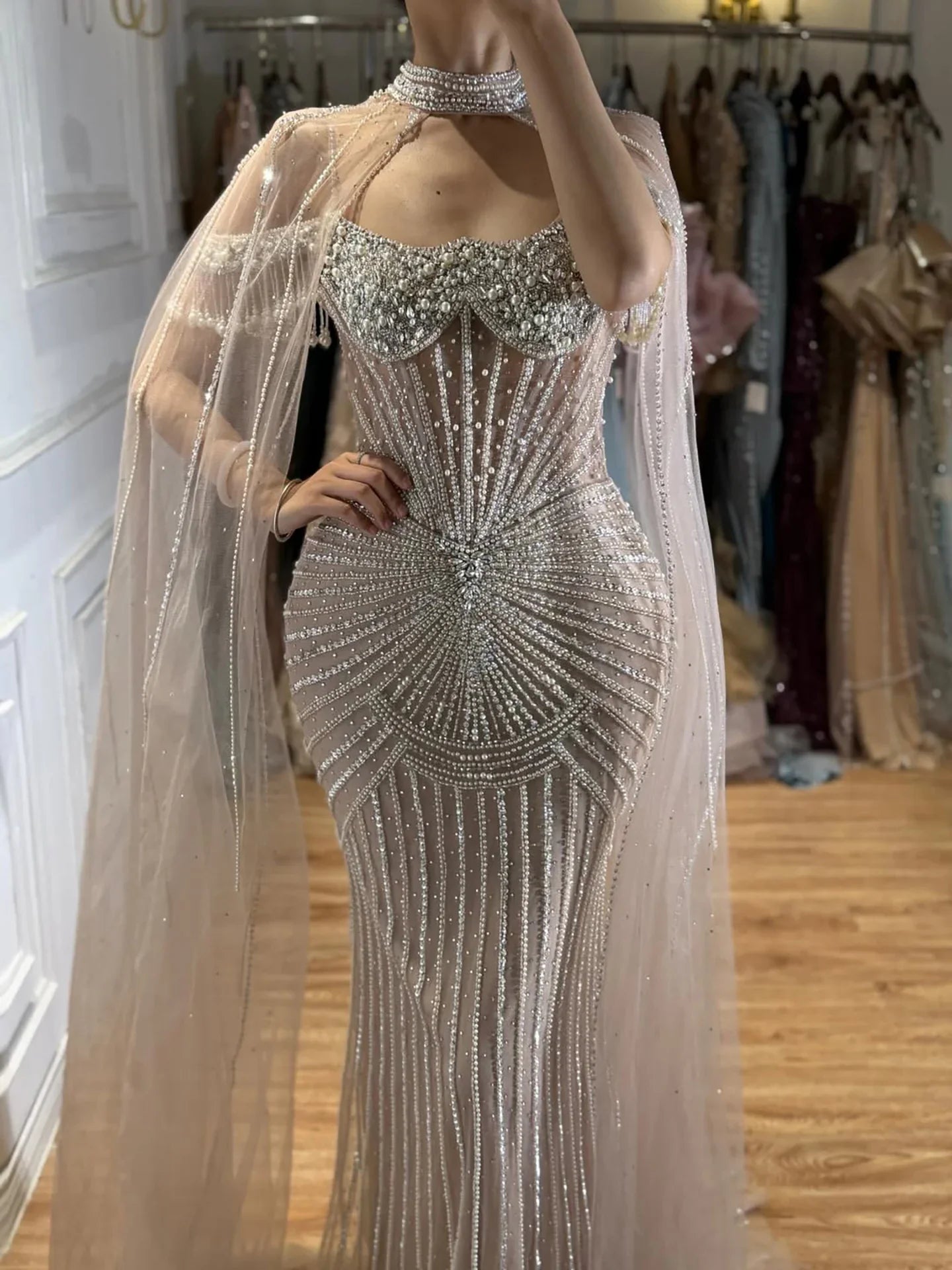 Zapdress Caramel Pearl Beaded Illusion Mermaid Evening Gown 2026 Party Dresses with Sheer Cape DLA73148C Customized (ZD17234)