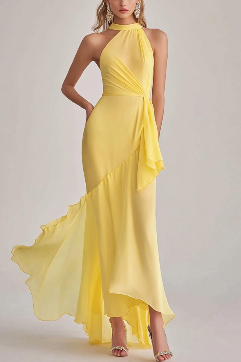 Sheath Chiffon Light Yellow Halter Neck Long Formal Dress