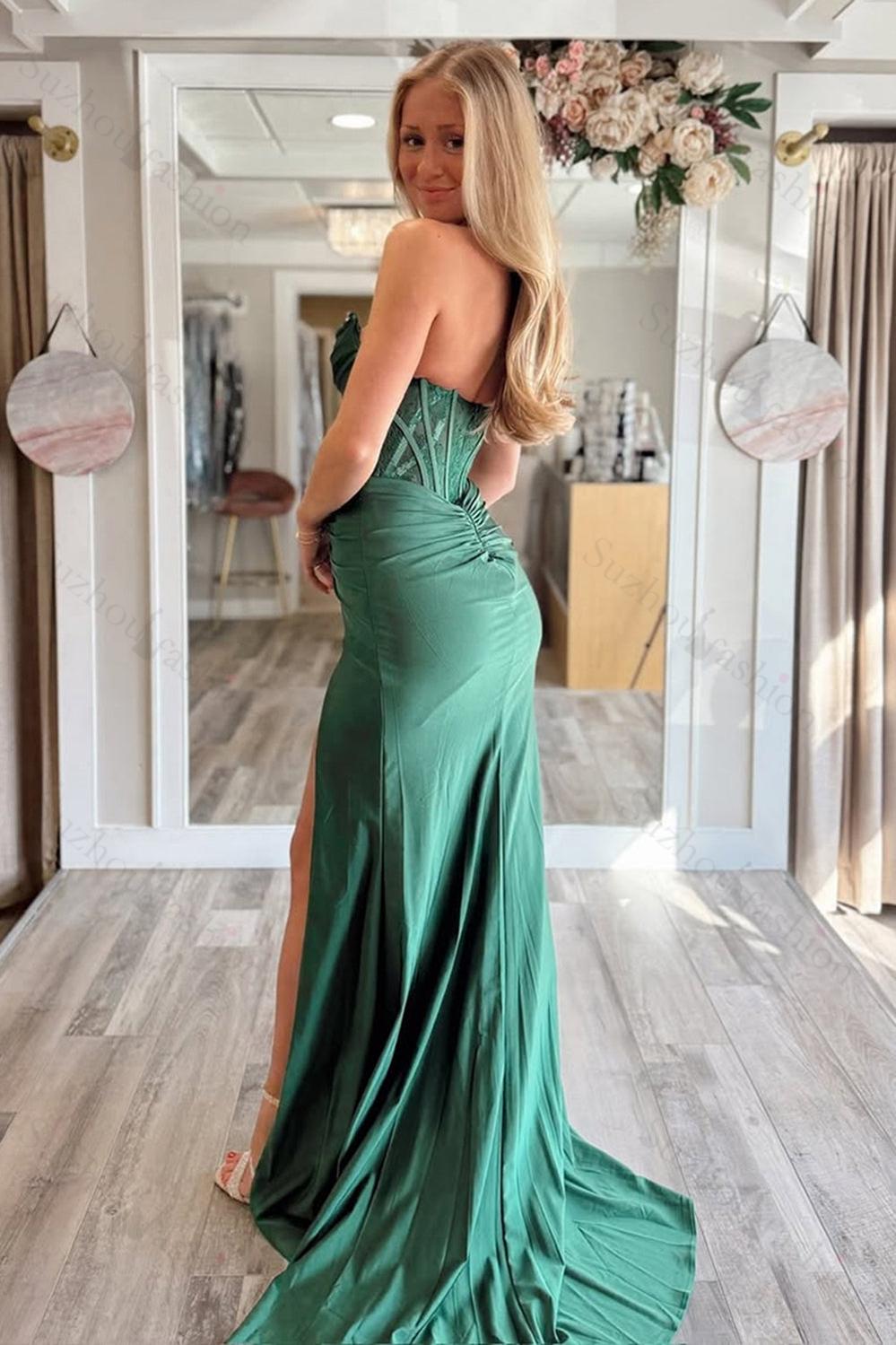 Sheath Dark Green Prom Dress Corset Satin Formal Dress With Slit