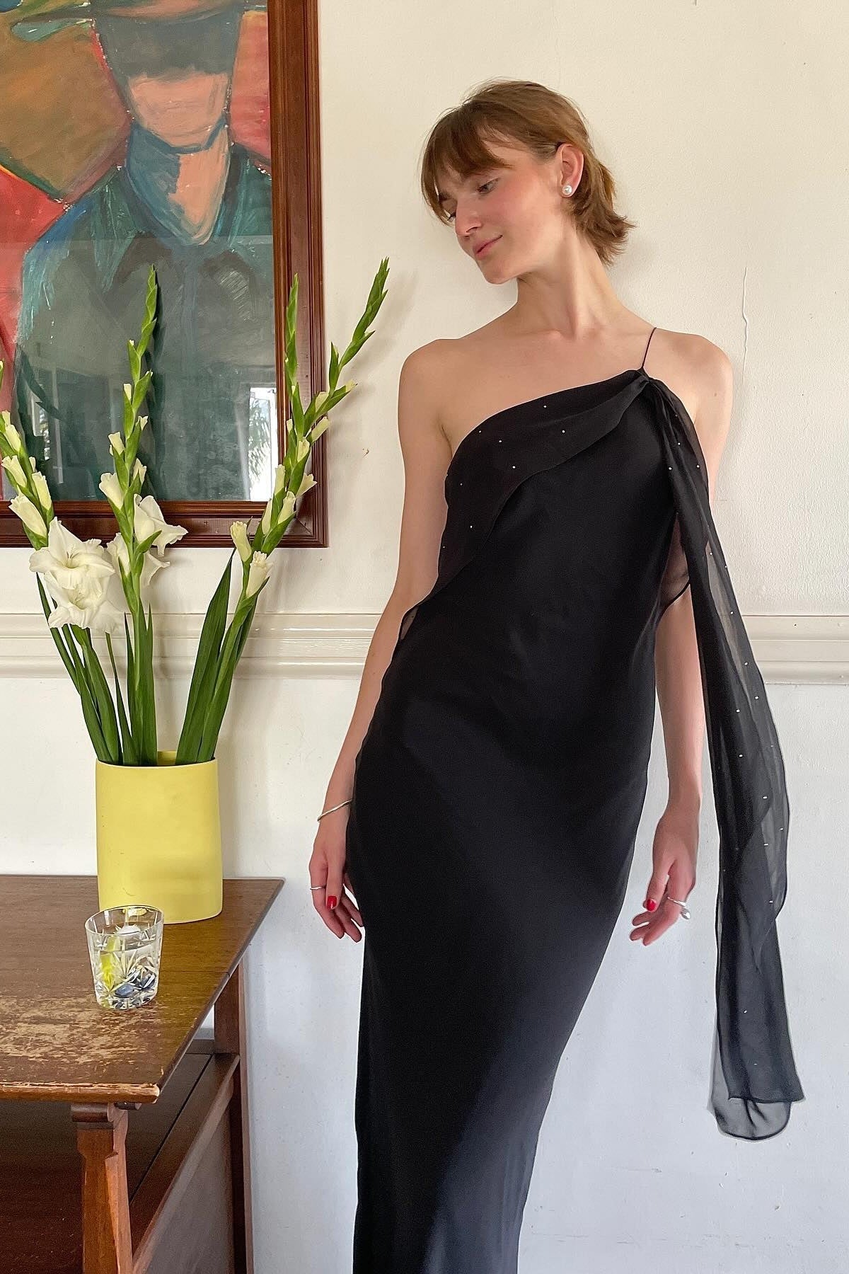 Sheath One Shoulder Black Floor Length Party Dress With Ruffles Formal Evening Gown