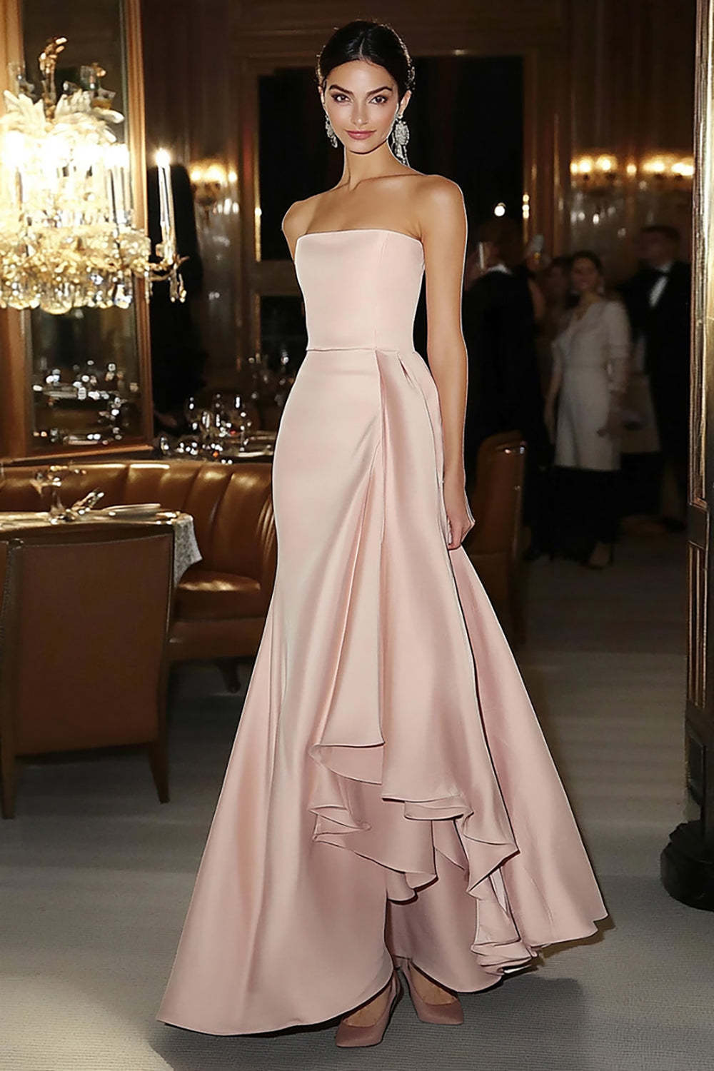 Sheath Pink Wedding Guest Dress Strapless Satin Ruffled Gala Dress