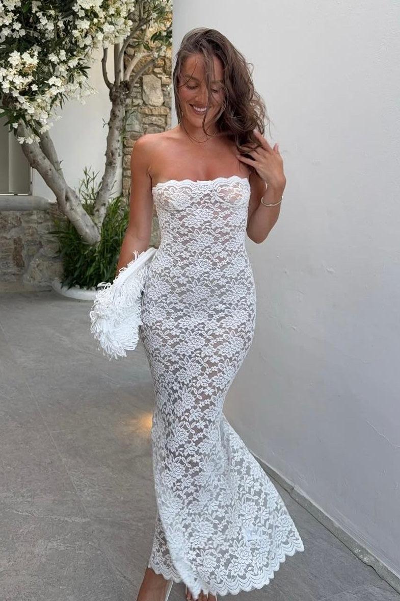 Suzhoufashion Sheath Strapless White Lace Tea Length Party Dress Formal Evening Gown