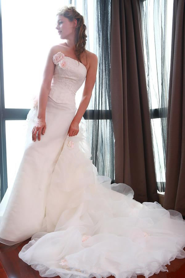 Sheath Wedding Dress with Organza Long Train Appliques Beading Bridal Gown with Flowers