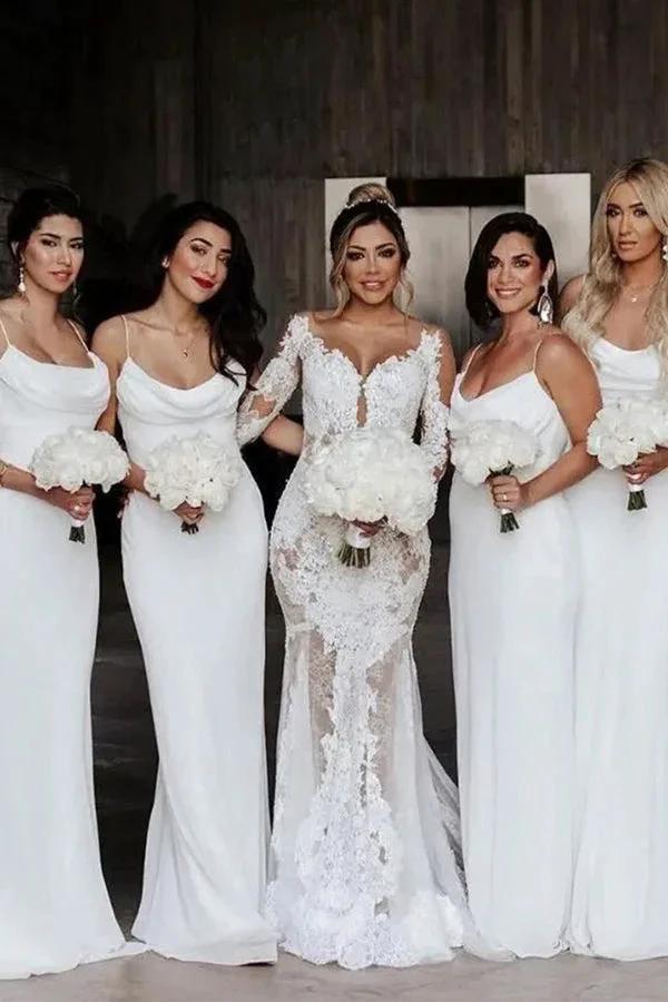 Sheath/Column Cowl Neck Spaghetti Straps Ivory Bridesmaid Dresses (ZD13275) - VelvetHem