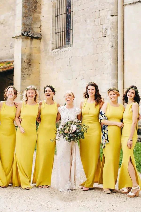 Sheath Open Back Floor-Length Yellow Bridesmaid Dress with Split (ZD12850) - VelvetHem