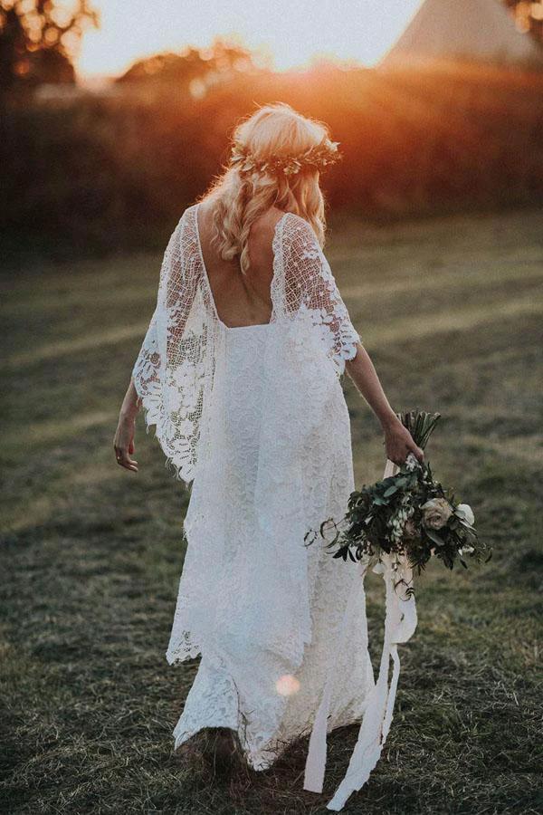 Sheath Scoop Backless Lace Wedding Dress with Split Wraps (ZD16047) - VelvetHem