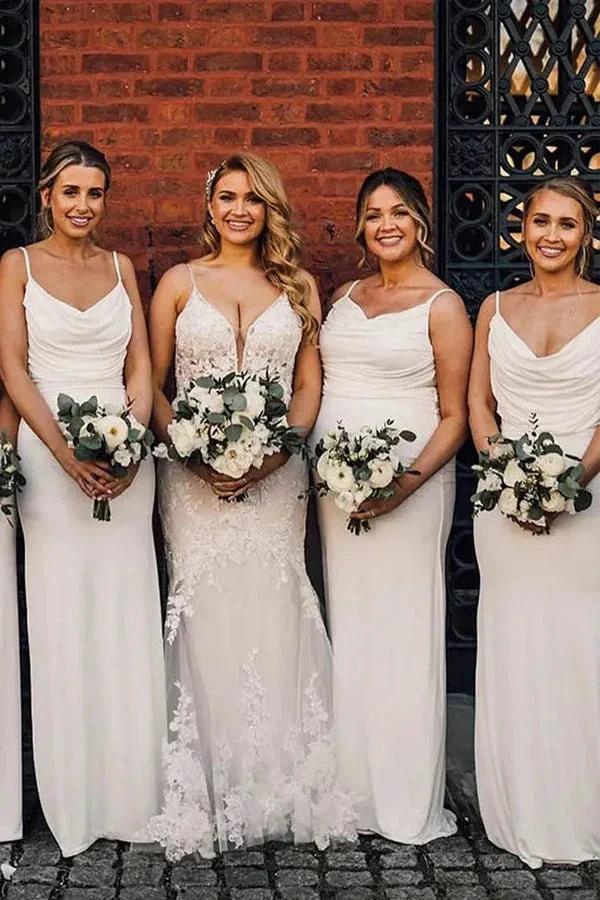 Sheath Spaghetti Strap Draped Long Bridesmaid Dress (ZD12840) - VelvetHem