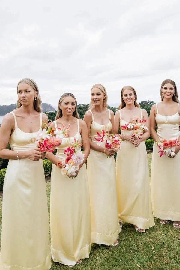 Sheath Spaghetti Straps Long Yellow Bridesmaid Dress (ZD12842) - VelvetHem
