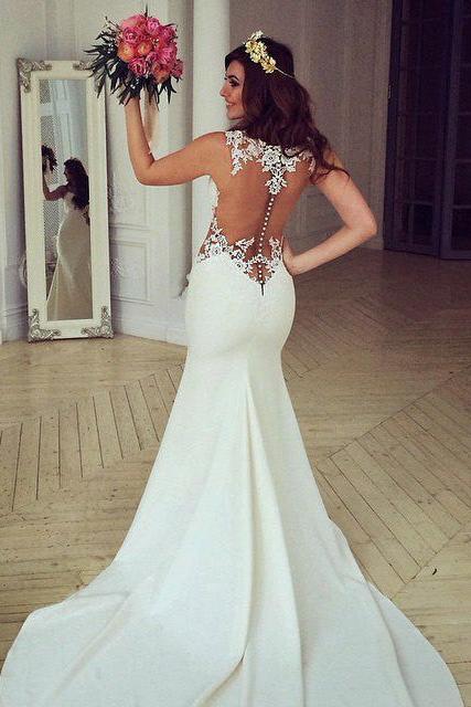 Sheer Back Lace Buttons Wedding Dress Mermaid Sleeveless Sexy Bridal Gowns BA3691