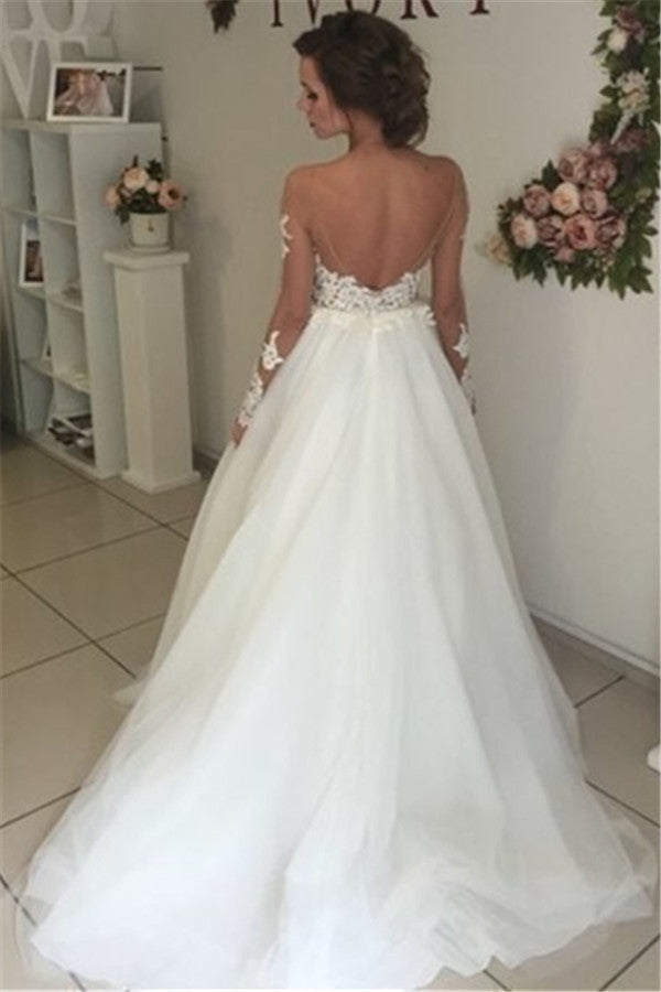 Sheer Long Sleeve Lace Wedding Dresses Open Back Tulle Ball Gown Bridal Dress
