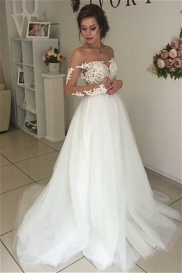 Sheer Long Sleeve Lace Wedding Dresses Open Back Tulle Ball Gown Bridal Dress