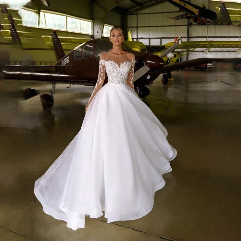 Sheer Neck with Heavy Crystals Long Sleeves White Wedding Dress Organza and Tulle A-line Bling Bridal Dress (ZD13563) - VelvetHem