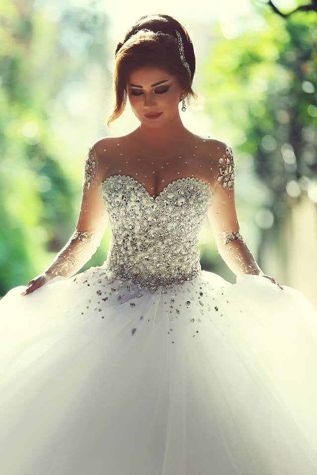 Sheer Sweetheart Crystal Ball Gown Wedding Dresses Lace-up Long Sleeve Tulle Beautiful Wedding Princess Dress MH001