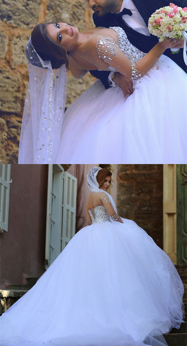 Sheer Sweetheart Crystal Ball Gown Wedding Dresses Lace-up Long Sleeve Tulle Beautiful Wedding Princess Dress MH001
