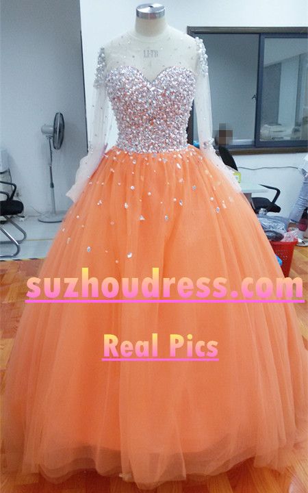 Sheer Sweetheart Crystal Ball Gown Wedding Dresses Lace-up Long Sleeve Tulle Beautiful Wedding Princess Dress MH001