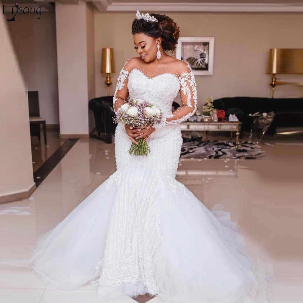 Sheer Tulle Mermaid Lace Wedding Dresses | Long Sleeve Appliques Bridal Dresses