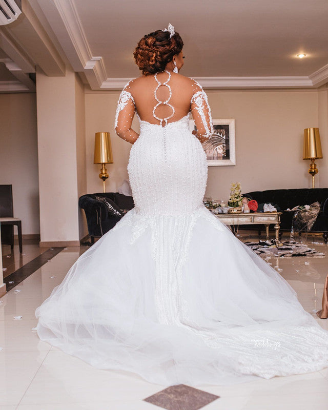 Sheer Tulle Mermaid Lace Wedding Dresses | Long Sleeve Appliques Bridal Dresses