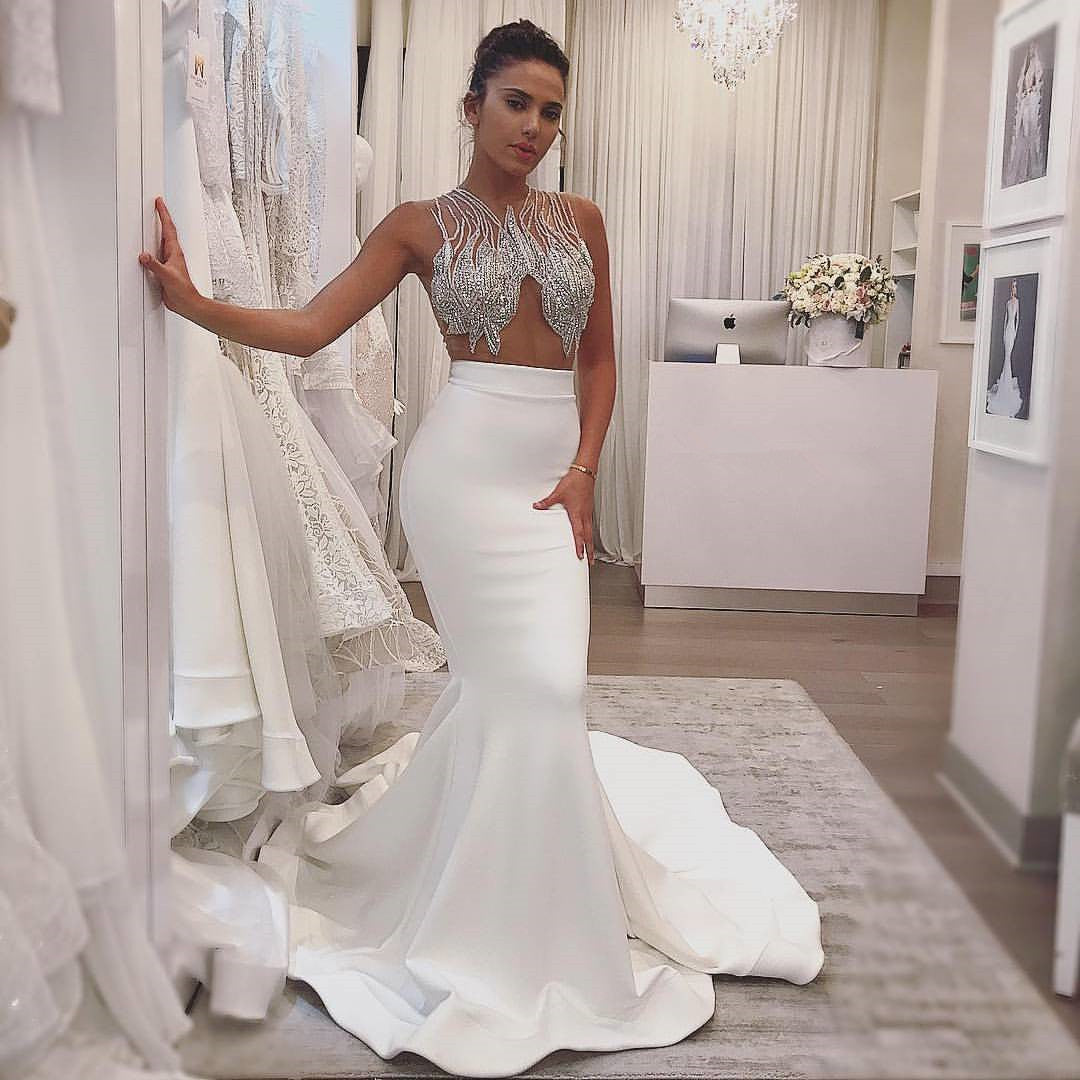 Sheer Tulle Sexy Sleeveless Mermaid Sparkle Wedding Dresses for Summer Beach