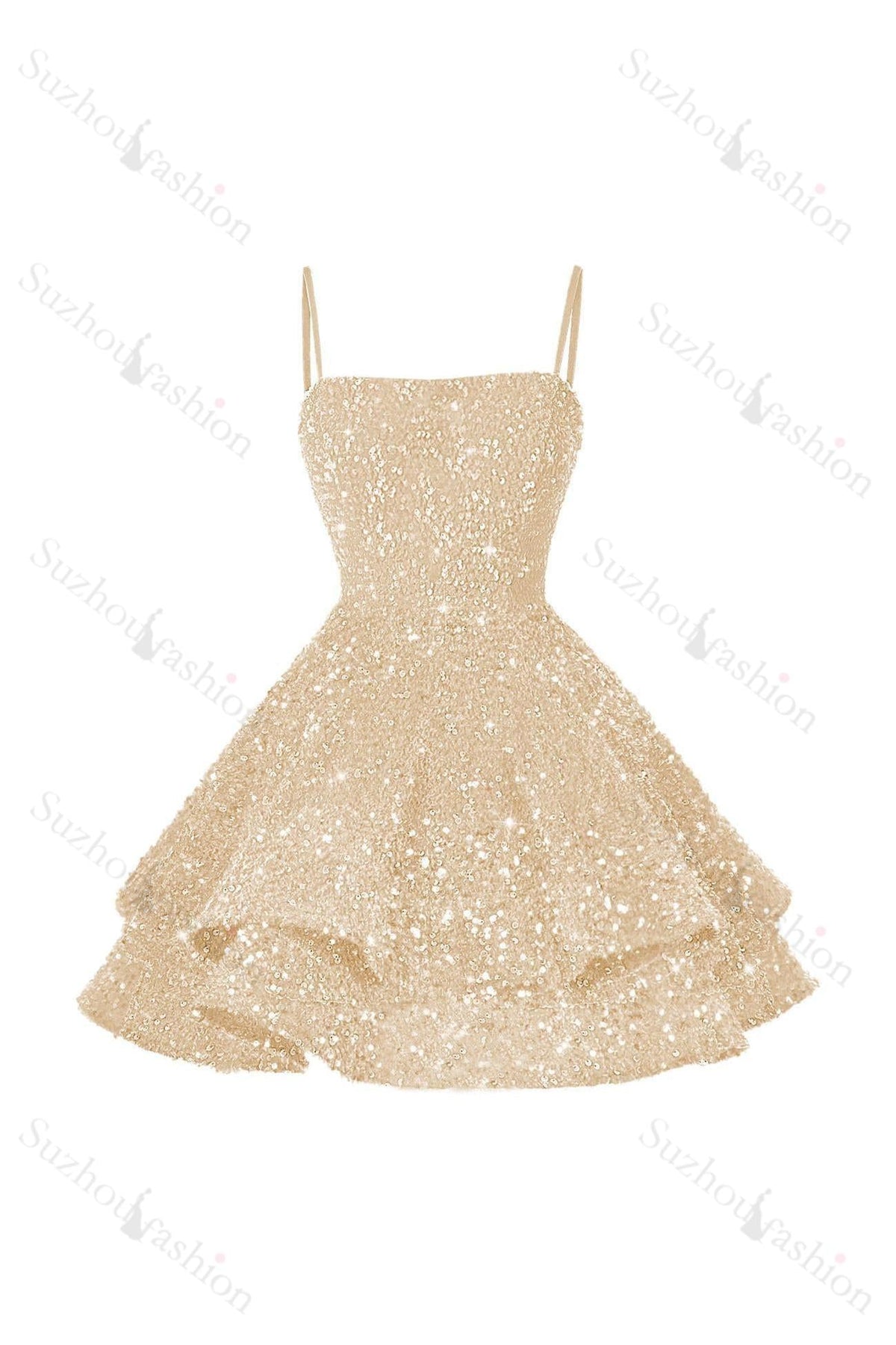 Shining Pink Spaghetti Strap Sleeveless Ball Gown Short Dress With Sequins