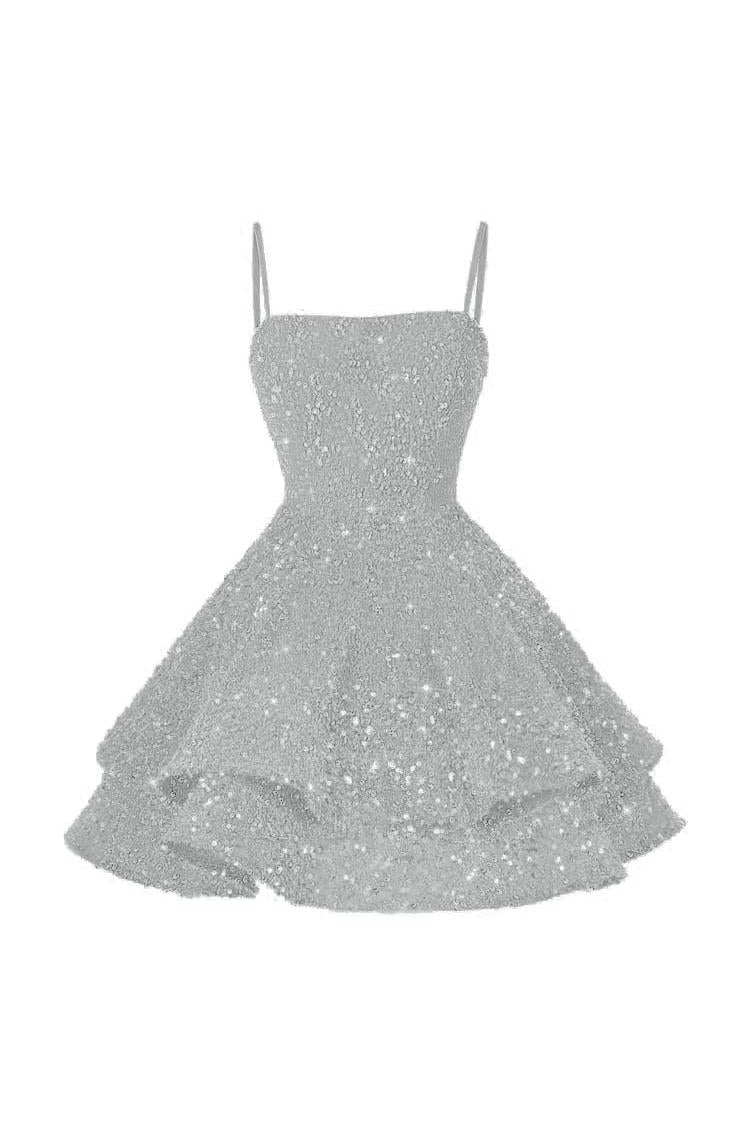 Shining Pink Spaghetti Strap Sleeveless Ball Gown Short Dress With Sequins