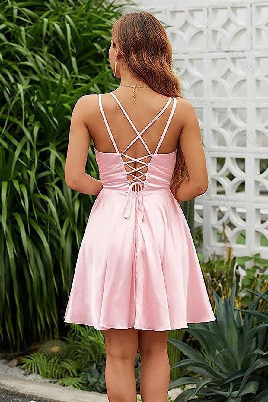 Shining Pink Spaghetti Strap Sleeveless V Neck Pleated Short Dress