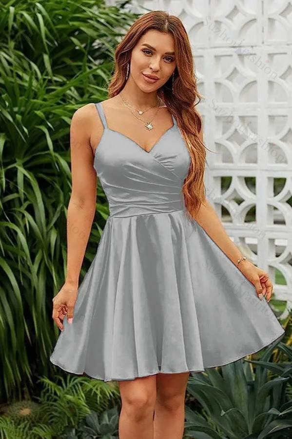 Shining Pink Spaghetti Strap Sleeveless V Neck Pleated Short Dress