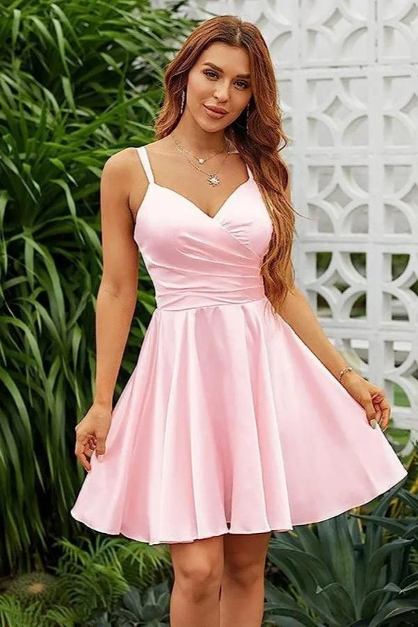 Shining Pink Spaghetti Strap Sleeveless V Neck Pleated Short Dress