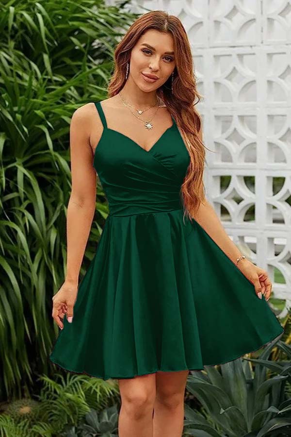 Shining Pink Spaghetti Strap Sleeveless V Neck Pleated Short Dress