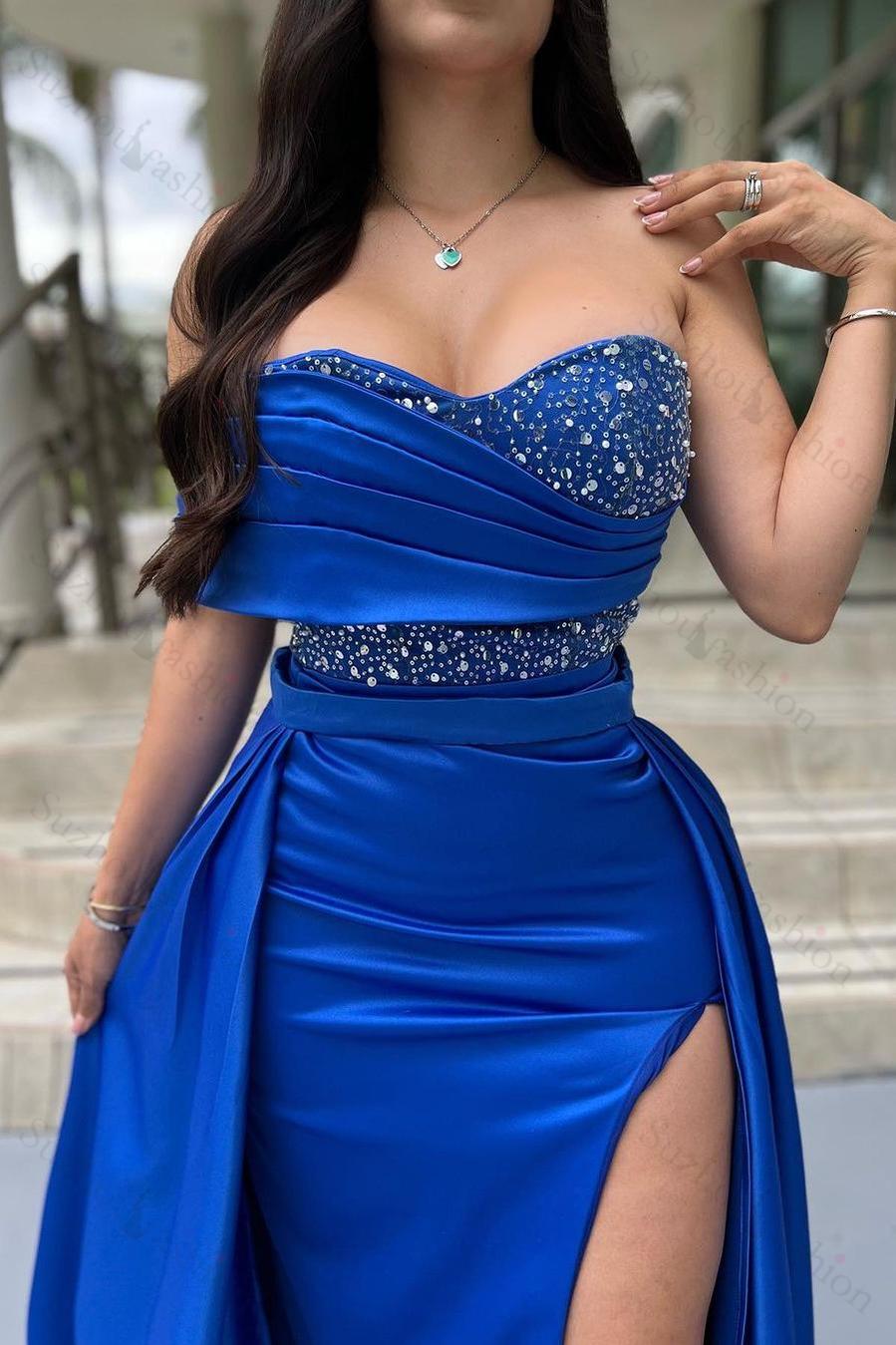Shining Royal Blue Prom Dress One Shoulder Sleeveless Long Split Evening Formal Dress With Beadings