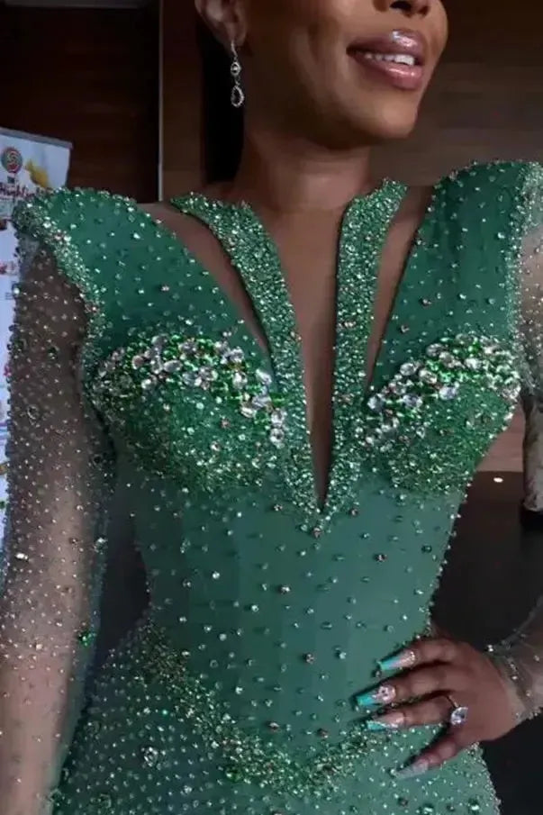 Shinning Applique Long Sleeves Green Prom Dress Mermaid Floor Length Evening Formal Dress