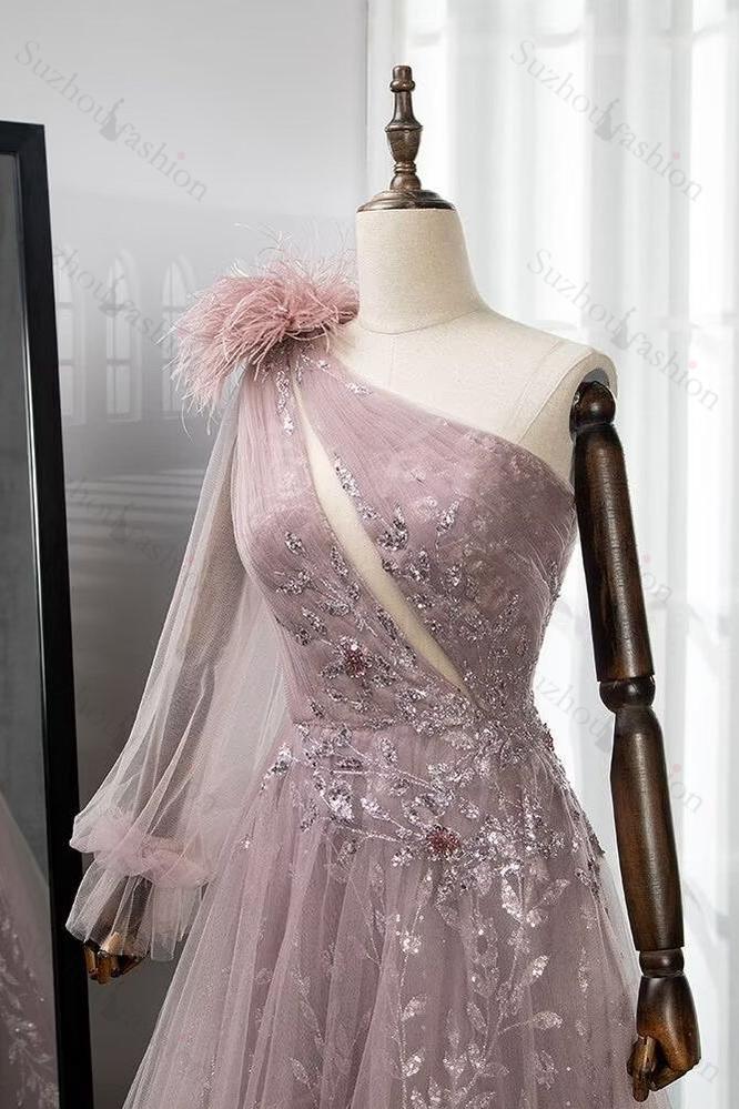 Shinning Blushing Pink Prom Dress One Shoulder Appliques Embroidery Evening Formal Dress
