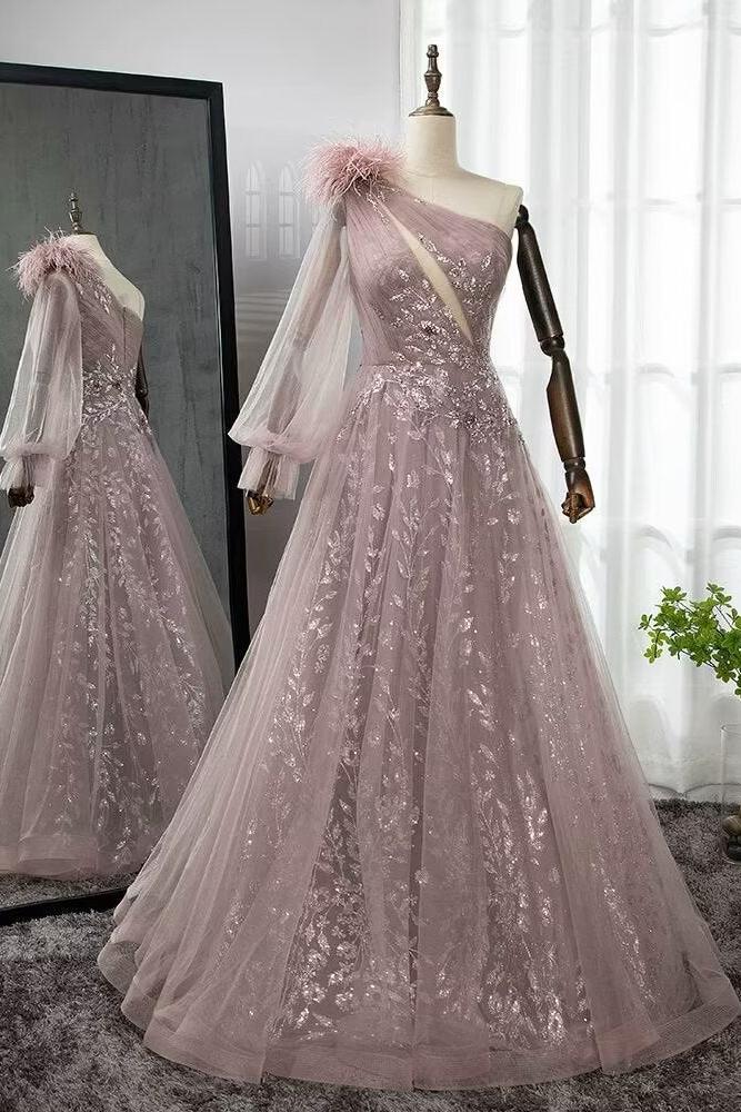 Shinning Blushing Pink Prom Dress One Shoulder Appliques Embroidery Evening Formal Dress