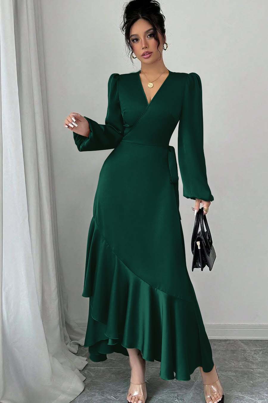 Shinning Long Sleeves V Neck Long Evening Formal Dress With Ruffled Pleated