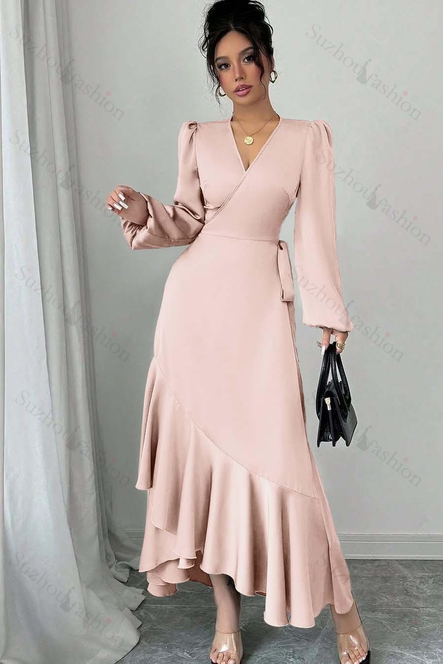 Shinning Long Sleeves V Neck Long Evening Formal Dress With Ruffled Pleated