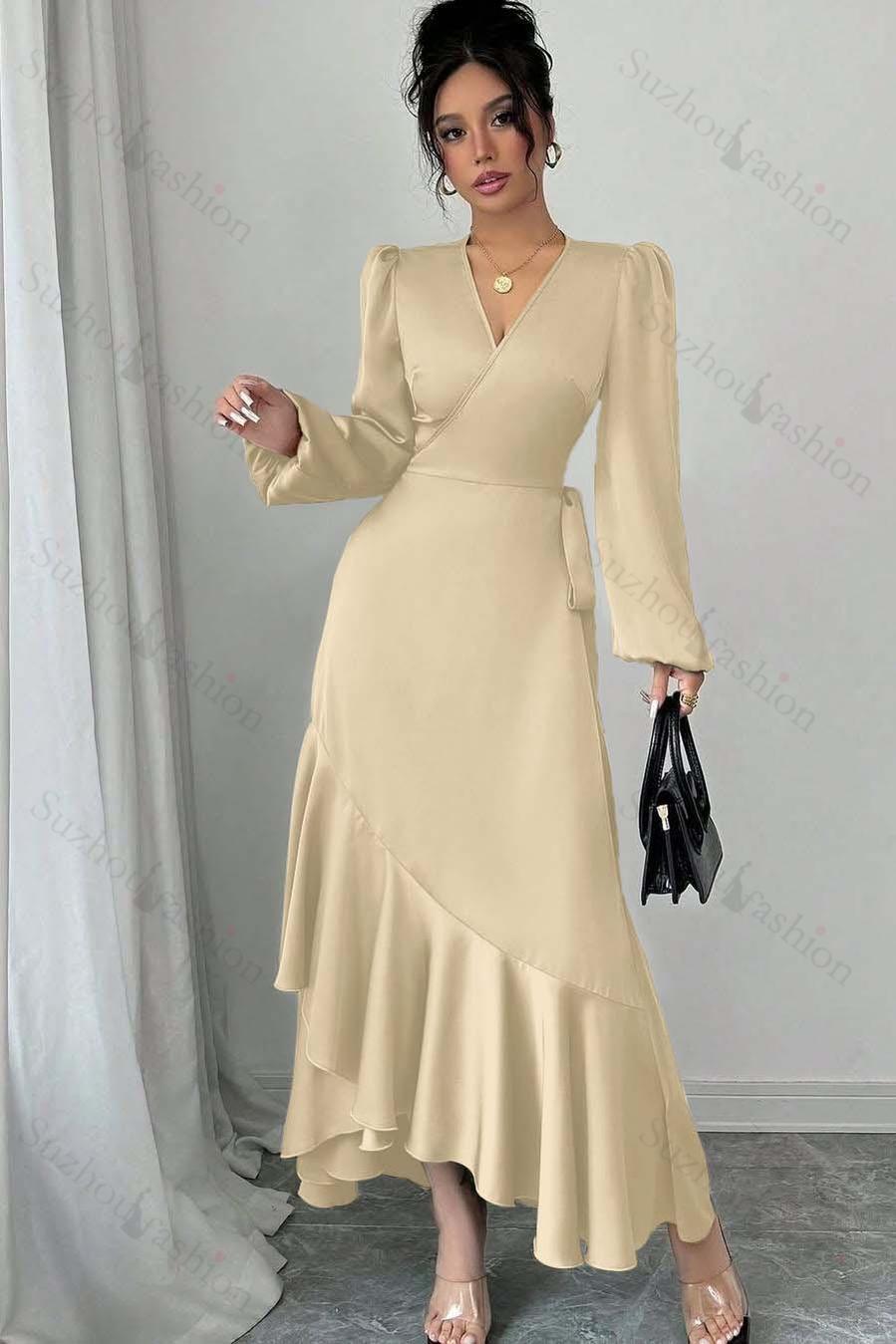 Shinning Long Sleeves V Neck Long Evening Formal Dress With Ruffled Pleated