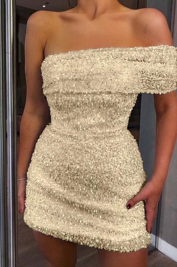 Shinning White Sequins One Shoulder Strapless Sleeveless Short Homecoming Dress