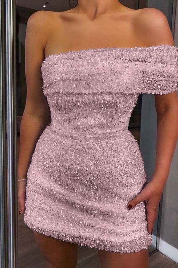 Shinning White Sequins One Shoulder Strapless Sleeveless Short Homecoming Dress