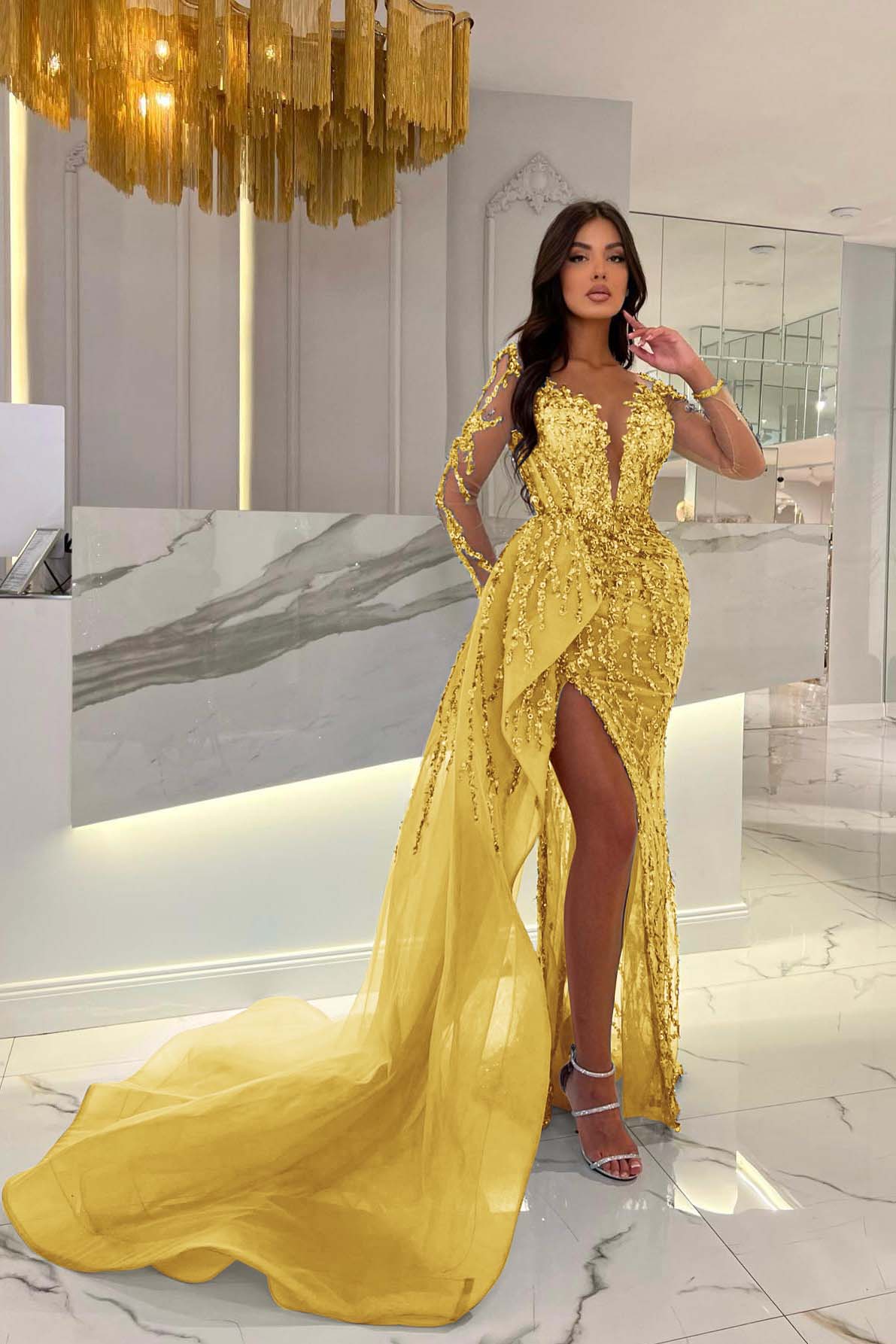 Shiny Blue Prom Dress Split Long Sleeves Mermaid Beaded Evening Formal Dress Appliques Tulle