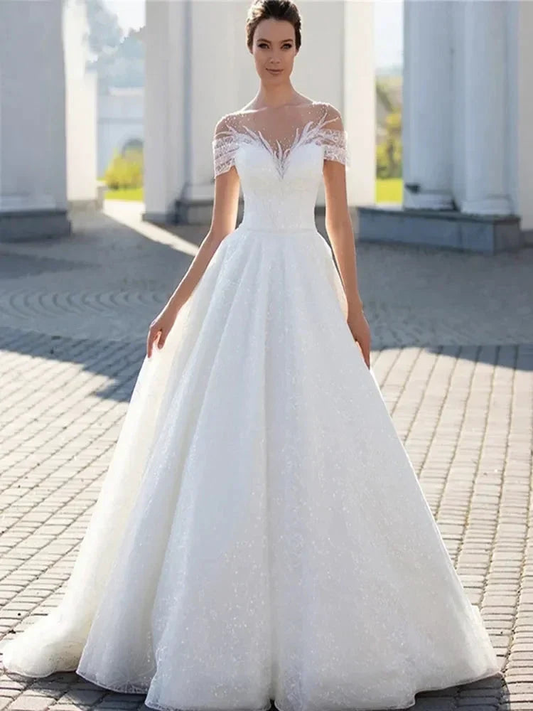 Shiny Off The Shoulder 2023 Wedding Dress For Bride Elegant Glitter Lace A-Line Bridal Gown Illusion Pleats Robe De Mariée (ZD13500)