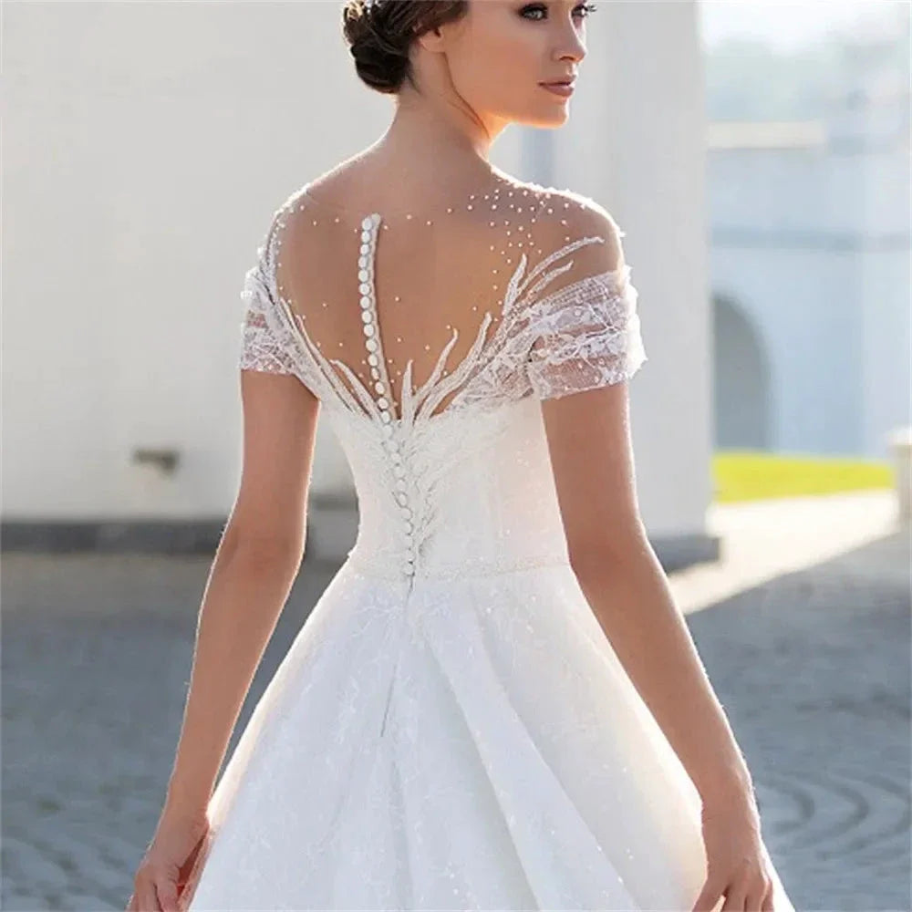 Shiny Off The Shoulder Wedding Dress For Bride Fashion Glitter Lace A-Line Bridal Gowns Floor Length Custom Made Gillter (ZD13343)
