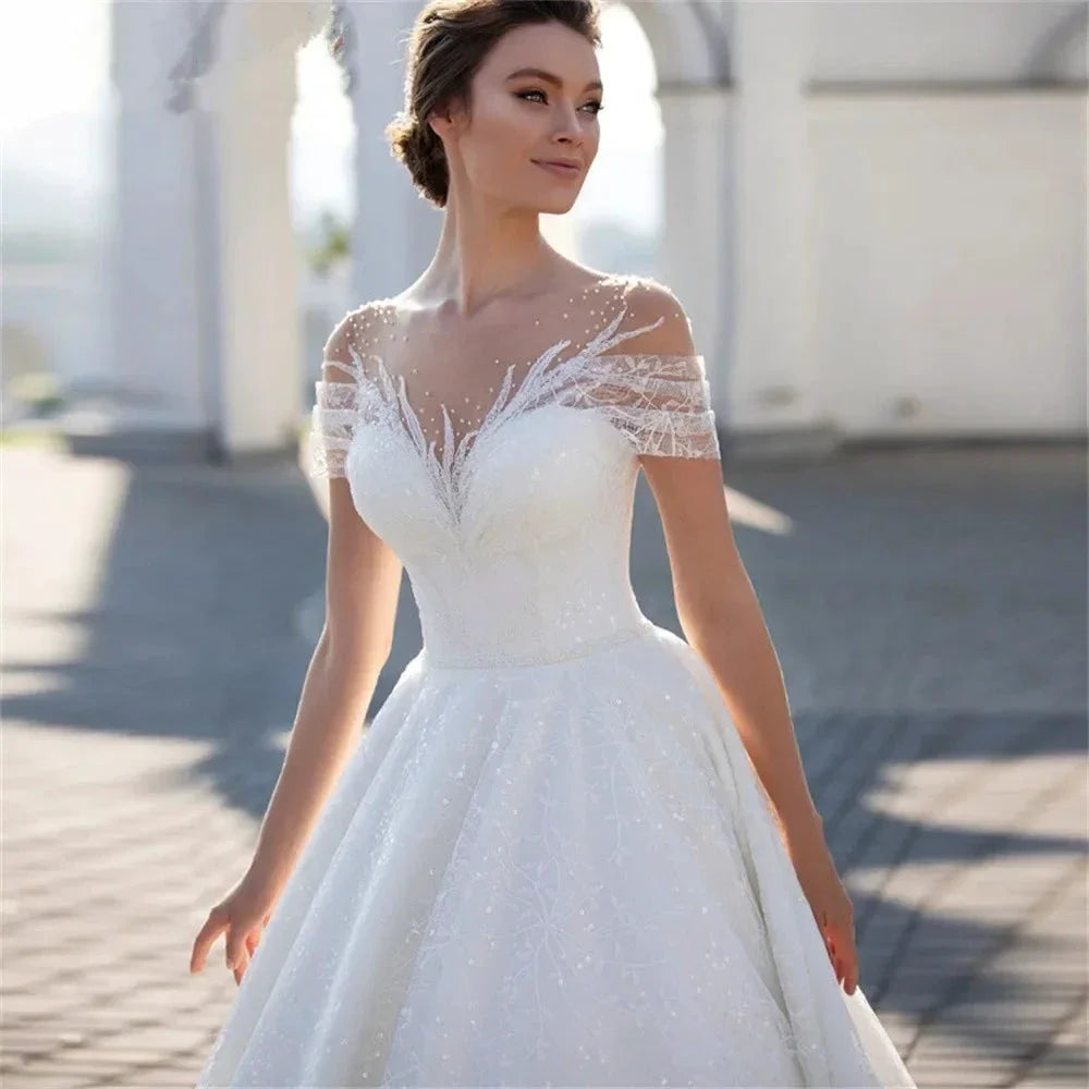Shiny Off The Shoulder Wedding Dress For Bride Fashion Glitter Lace A-Line Bridal Gowns Floor Length Custom Made Gillter (ZD13343)