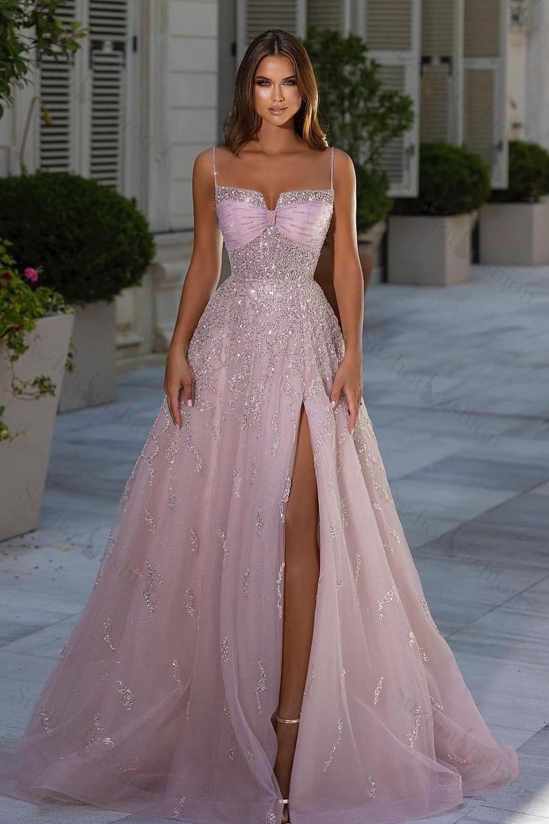 Shiny Pink Prom Dress Spaghetti Strap A Line Evening Formal Dress Appliques Sleeveless With Split