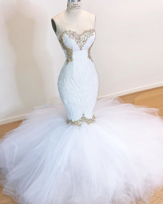 Shiny Sequins Appliques Wedding Dresses | Mermaid Tulle Strapless Bridal Gowns