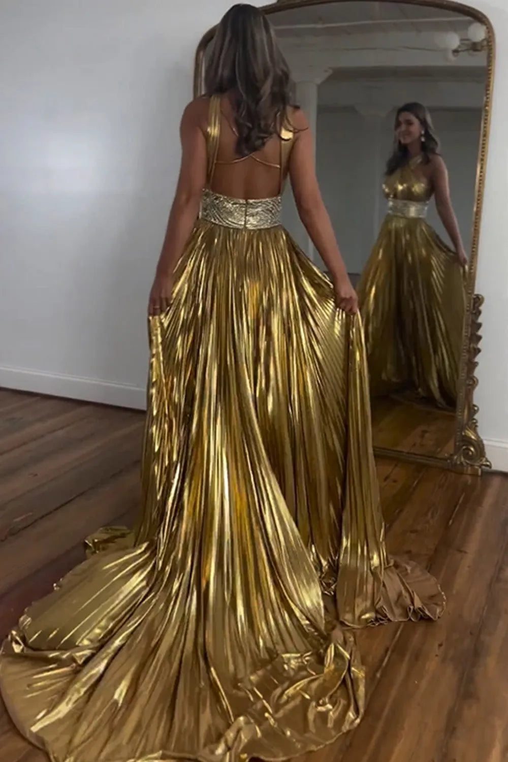 Shiny Gold A-Line Keyhole Back Long Prom Dress With Beaded Belt - View 2 | VelvetHem