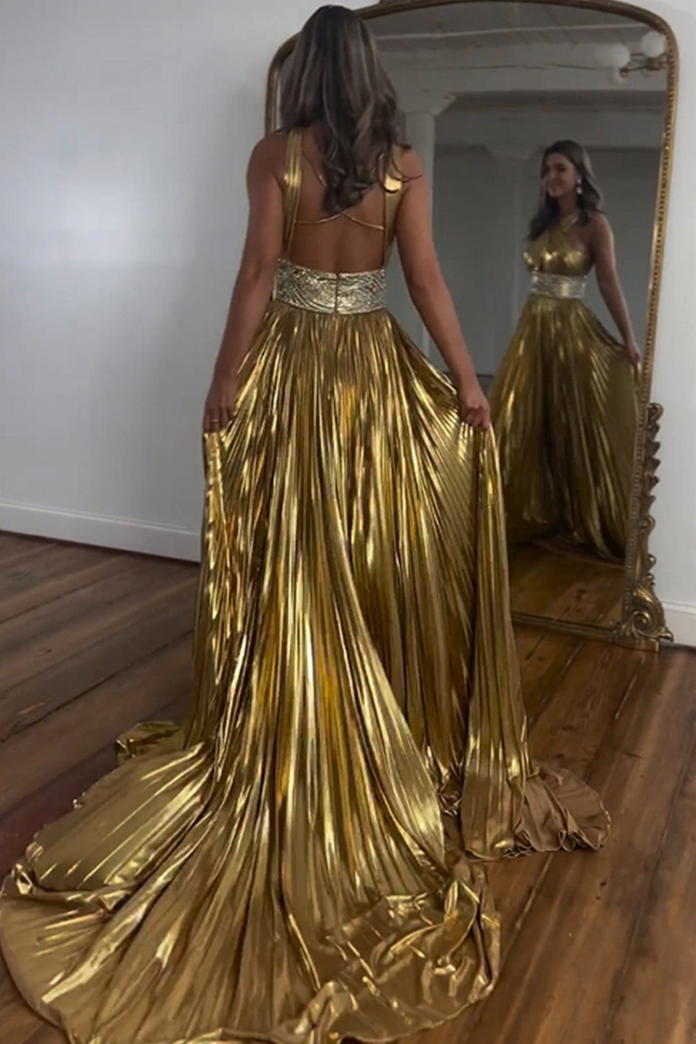 Shiny Gold A-Line Keyhole Back Long Prom Dress With Beaded Belt - View 2 | VelvetHem