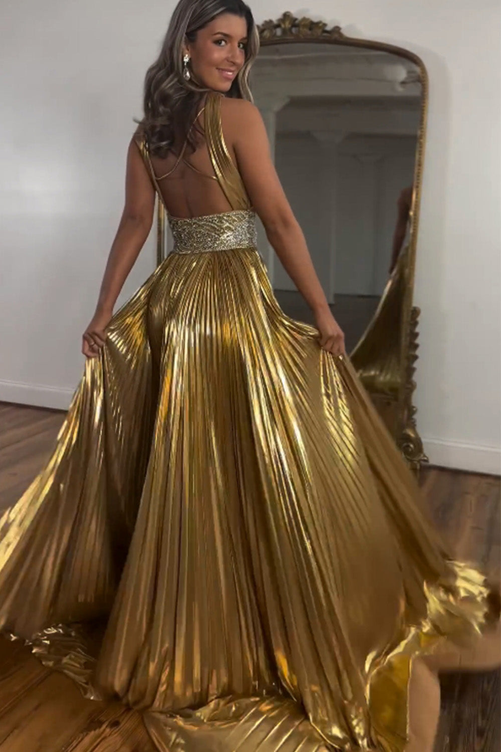 Shiny Gold A-Line Keyhole Back Long Prom Dress With Beaded Belt - View 3 | VelvetHem