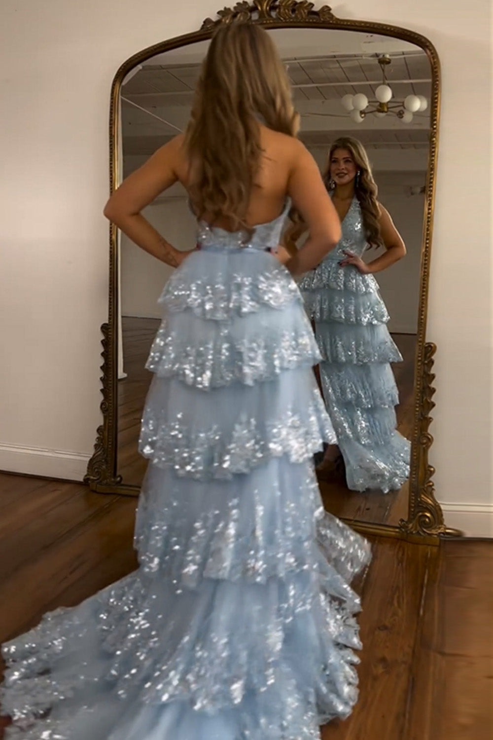 Shiny Light Blue A-Line Halter Backless Long Tulle Prom Dress With Split - View 3 | VelvetHem